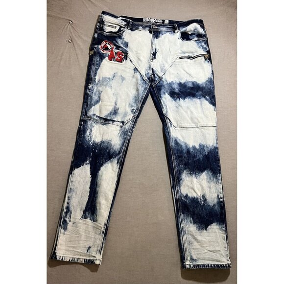 Dreamland Skinny Jeans 42x33 Blue Denim Patched Acid Washed Zip Pocketed Belted. - Picture 1 of 12